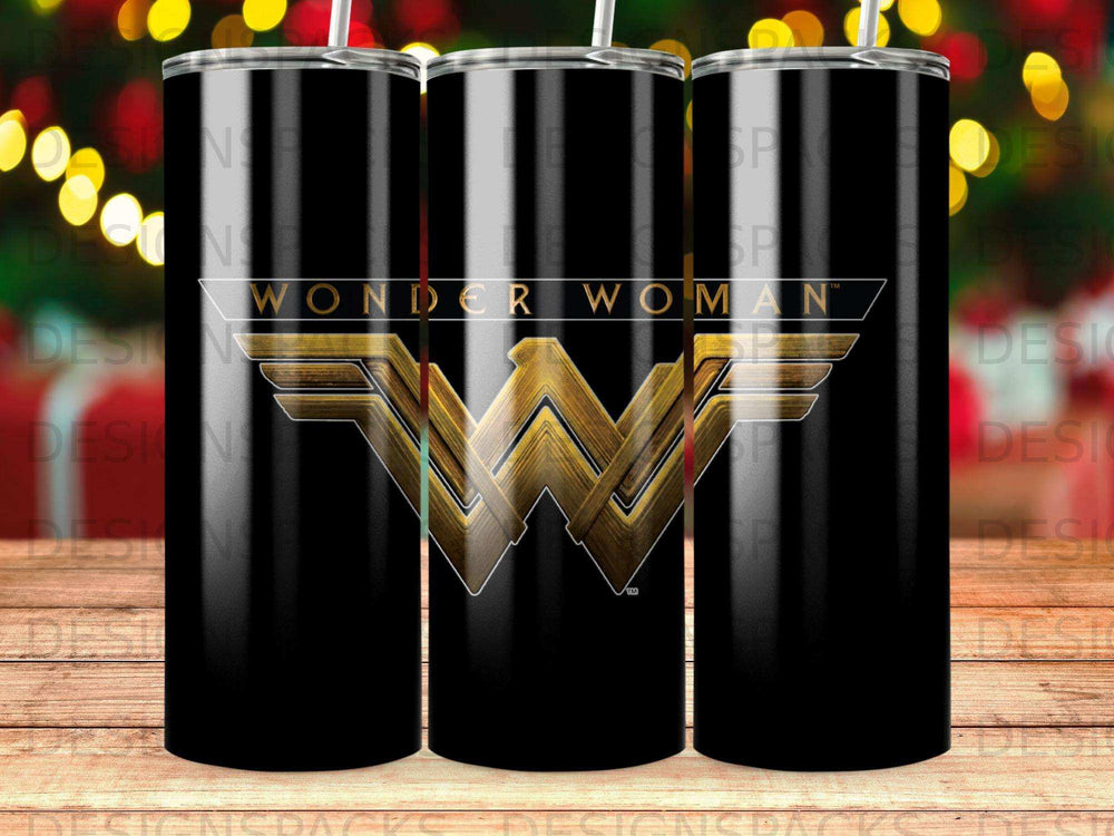 Black tumbler with Wonder Woman logo.