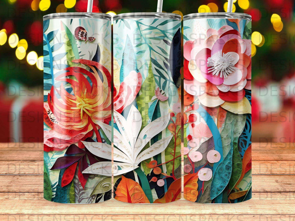 Tall tumbler with colorful floral and leaf pattern.