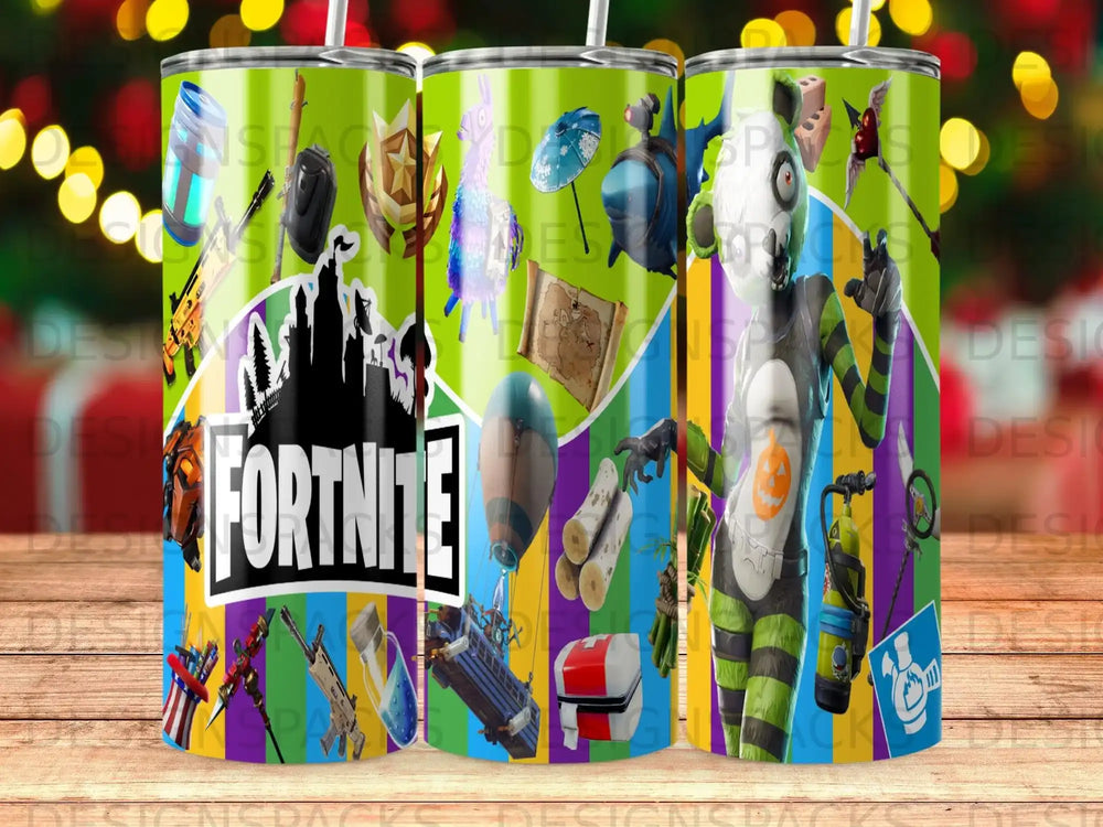 Fortnite tumbler with game characters, weapons, and map elements.
