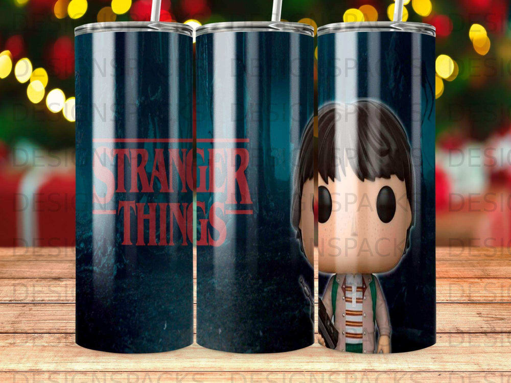 Stranger Things tumbler with character and logo against dark forest background.