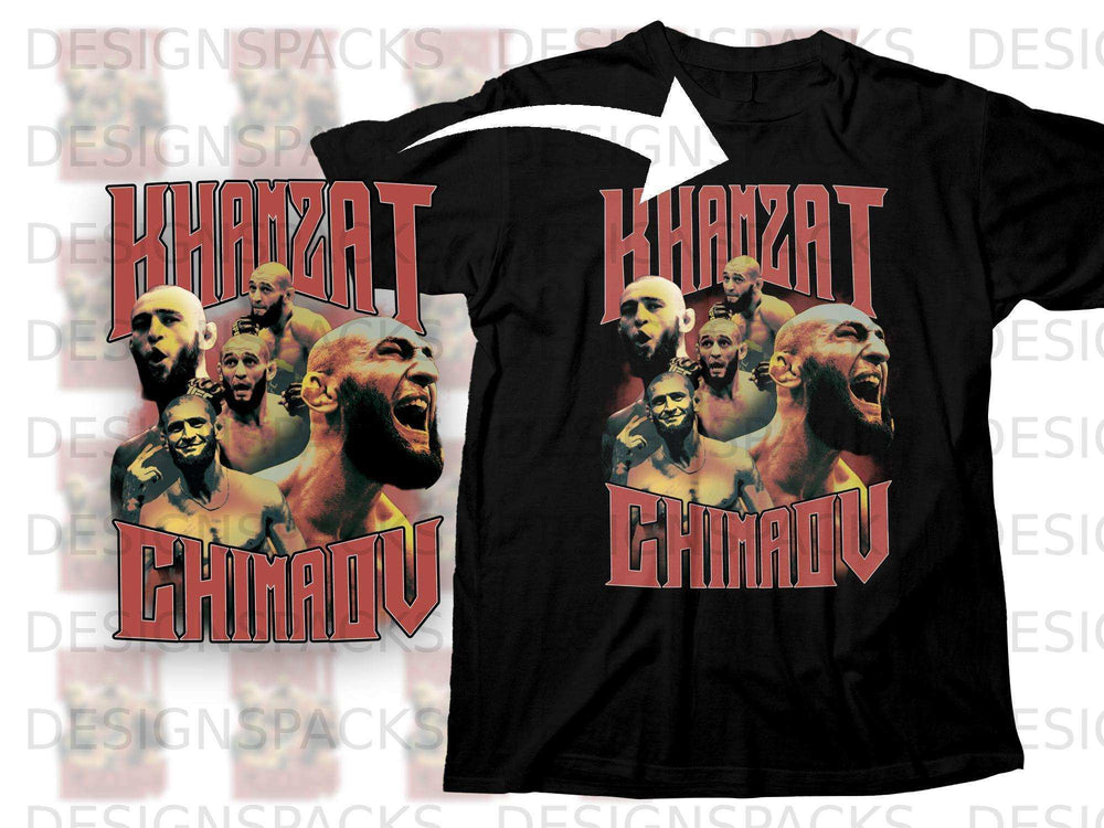 Khamzat Chimaev graphic t-shirt with text and fighter portraits.