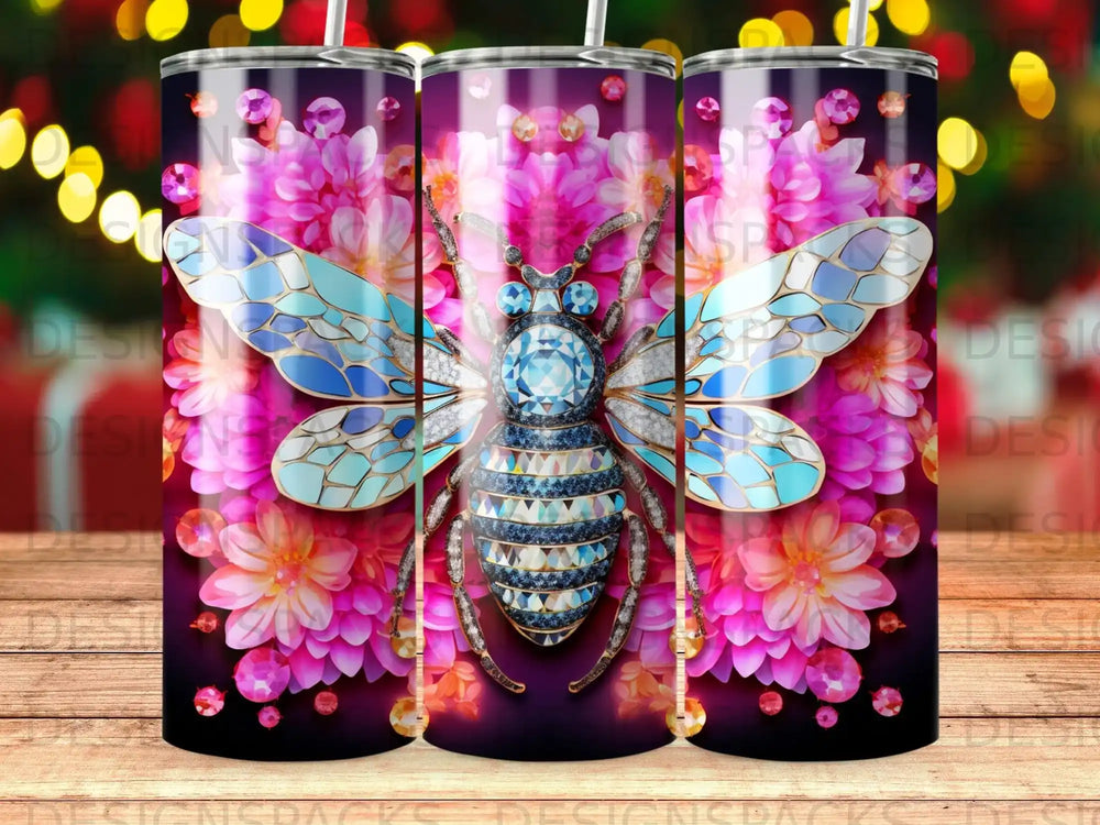 Bee adorned with gems and diamonds on a floral background.