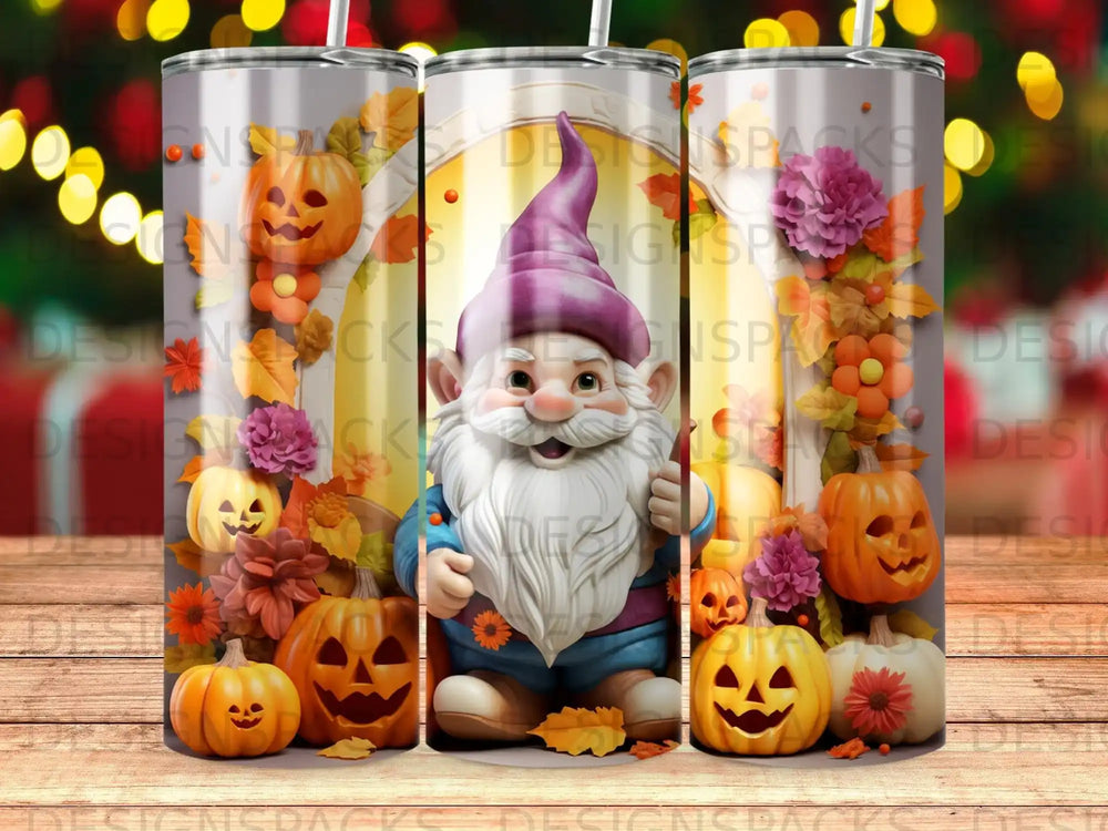 Gnome with pumpkins and autumn leaves on a tumbler.