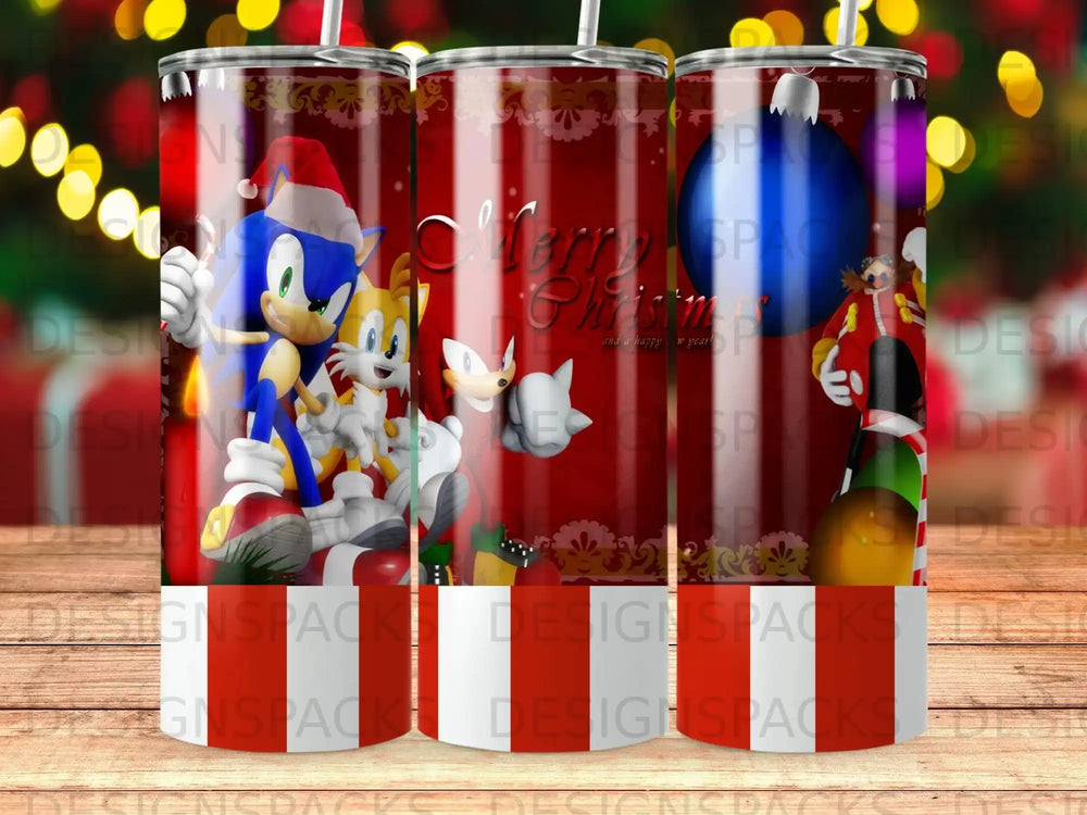 Sonic and Tails in Santa hats on a red, metallic tumbler with Christmas decorations.