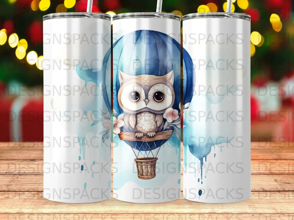 Diseño digital de envoltura para vaso con diseño de búho juguetón y globos
