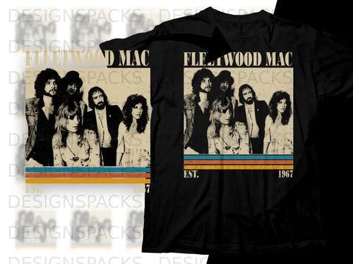 Fleetwood Mac band members in vintage photo on black t-shirt, EST. 1967.