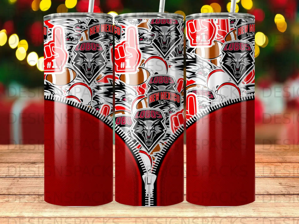 Red and white New Mexico Lobos tumbler with football and zipper design.