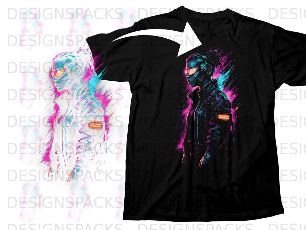 Black t-shirt with neon cyberpunk woman graphic and arrow overlay.