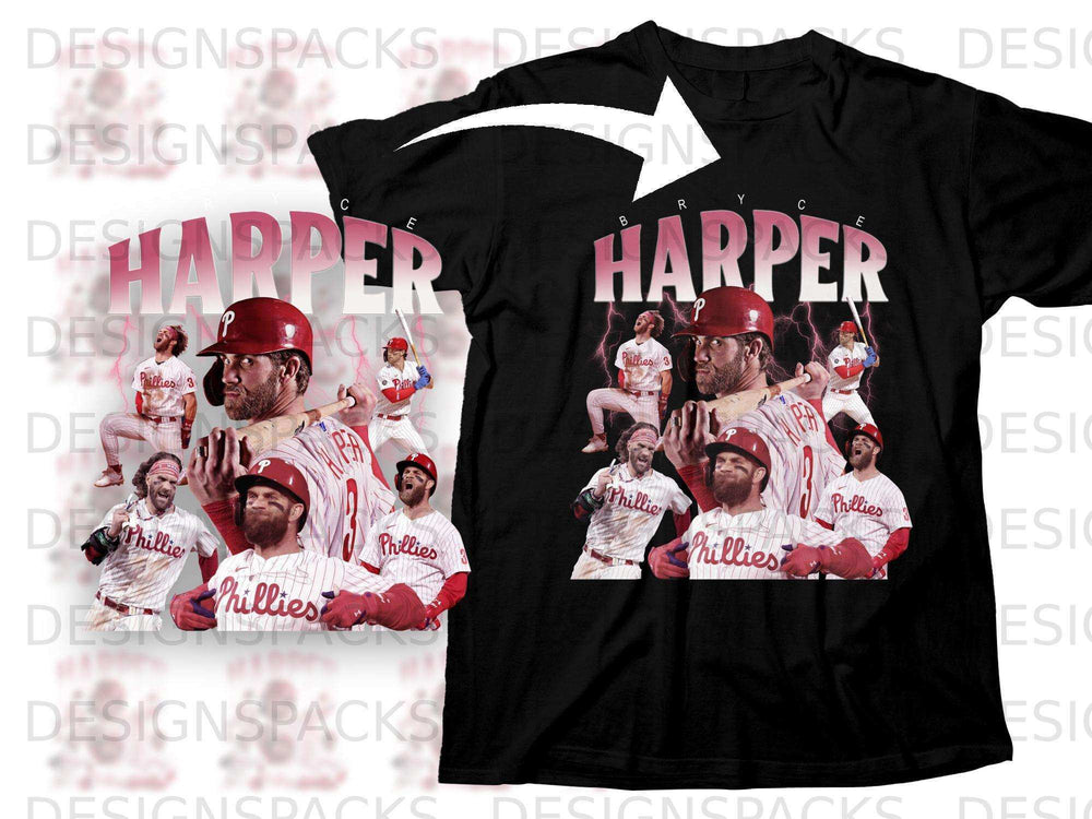 Bryce Harper Phillies baseball t-shirt with player collage and text.