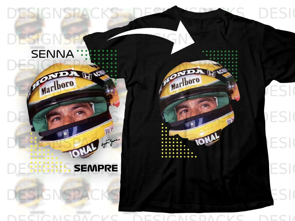 Black t-shirt with Ayrton Senna's helmet graphic and "SENNA" text.
