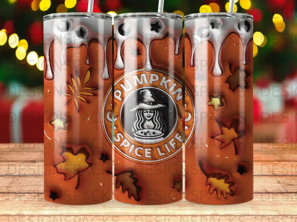 Tumbler with "Pumpkin Spice Life" text and fall leaf design.