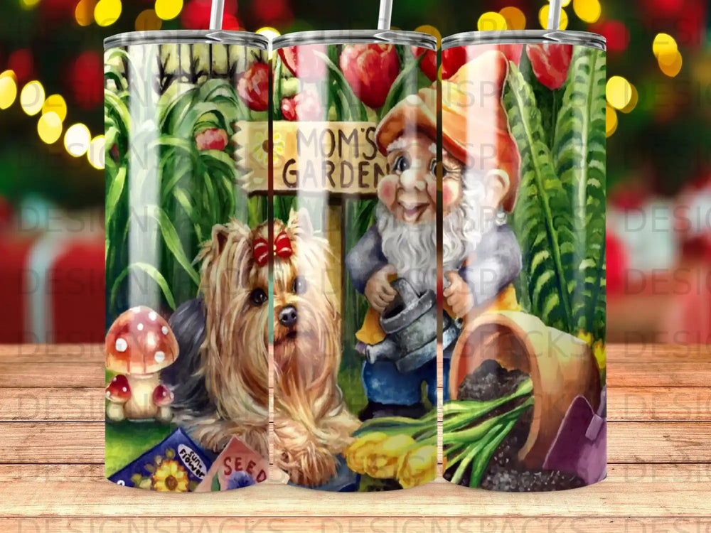 Yorkshire terrier, gnome, and gardening tools on a colorful, patterned background.
