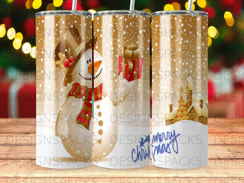 Snowman in snowy scene holding gift box, text 