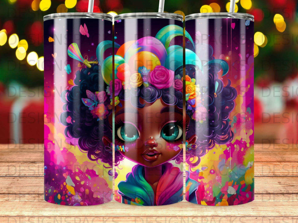 Colorful tumbler featuring a vibrant portrait of a young girl with curly hair and a floral headdress.