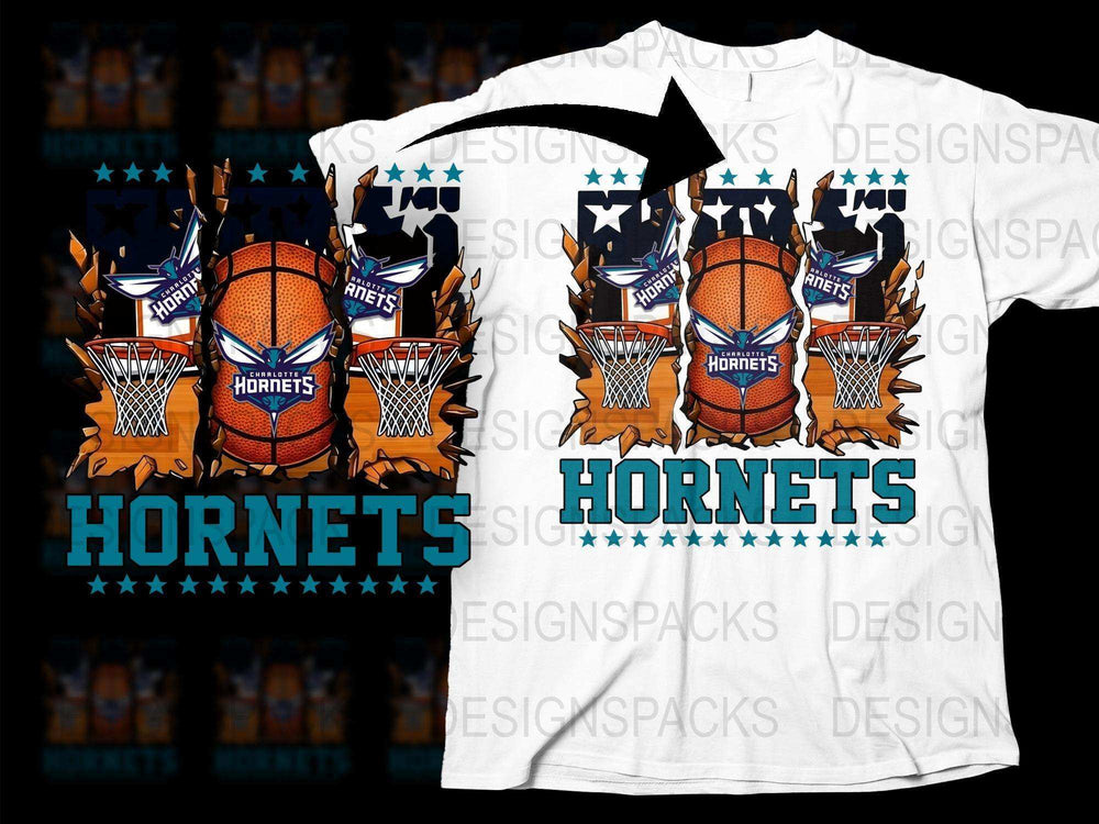 Hornets Basketball Team Graphic T-Shirt, Bold Blue and Orange Design, Sports Fan Apparel