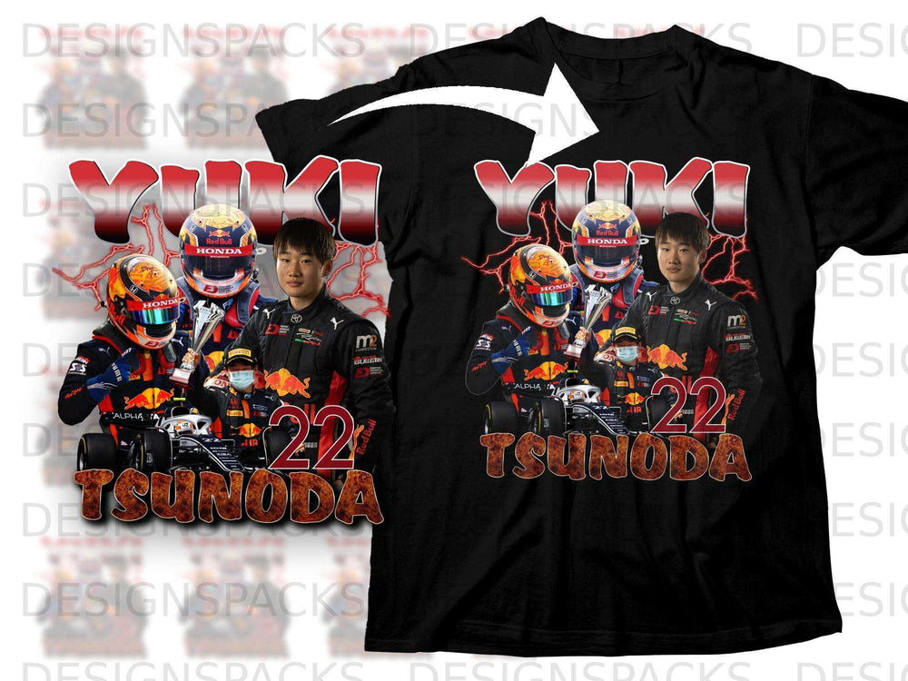 Yuki Tsunoda graphic t-shirt with Red Bull and Honda logos.