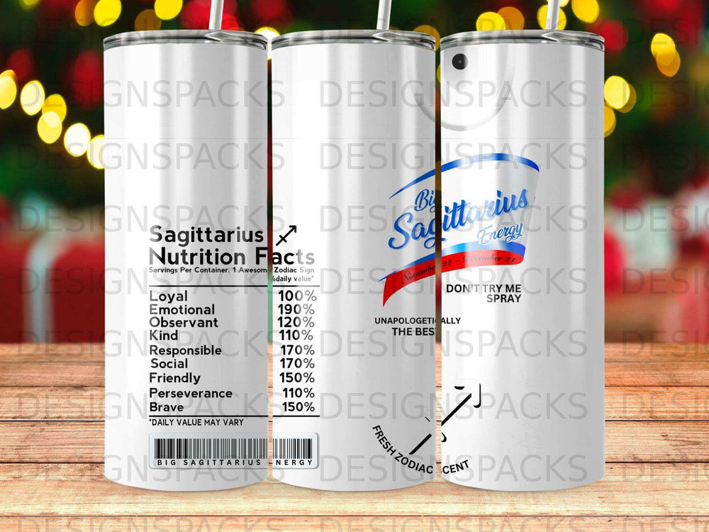 Tall skinny tumbler with Sagittarius zodiac sign nutrition facts label design.