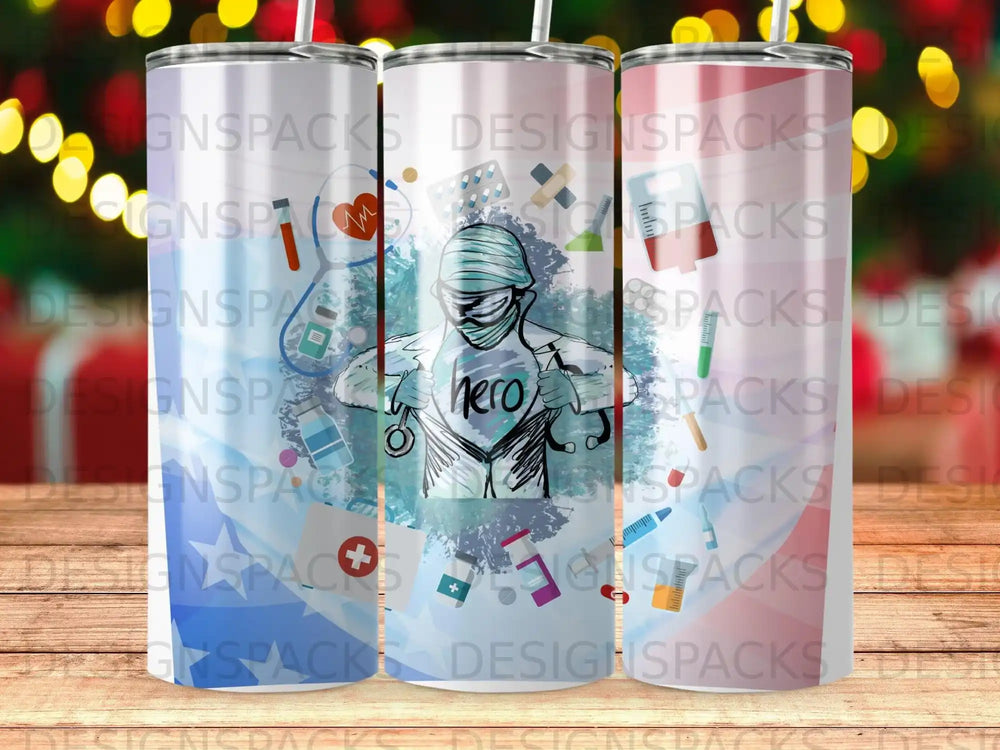 Medical hero design on a three-pack of insulated tumblers.