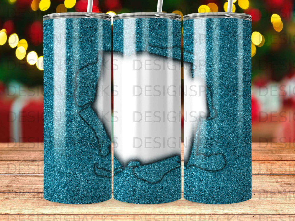 Glittery blue tumbler with white stripes and a light blue silhouette of a football helmet.