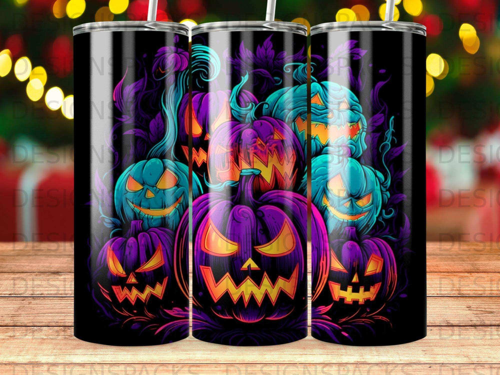Halloween pumpkins with glowing faces and spooky designs on a dark background.