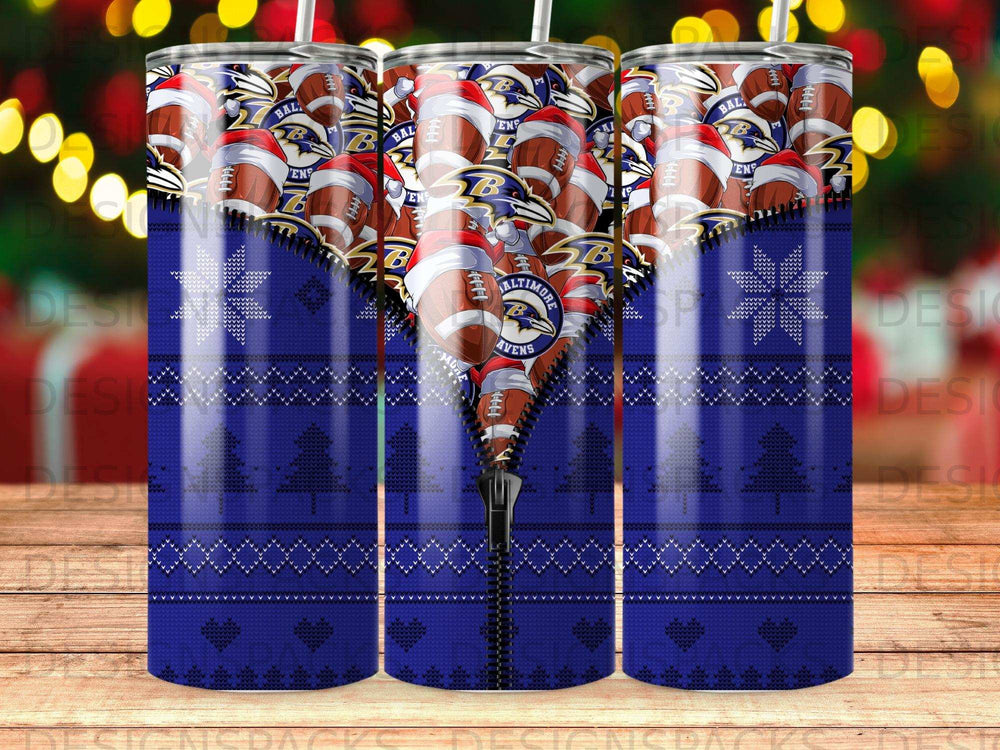 Baltimore Ravens football design on a blue patterned tumbler with zipper detail.