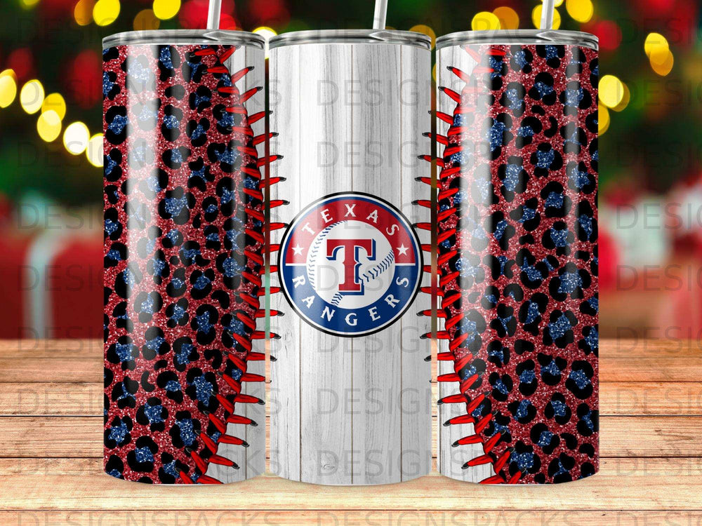 Texas Rangers baseball tumbler with red stitching and leopard print design.