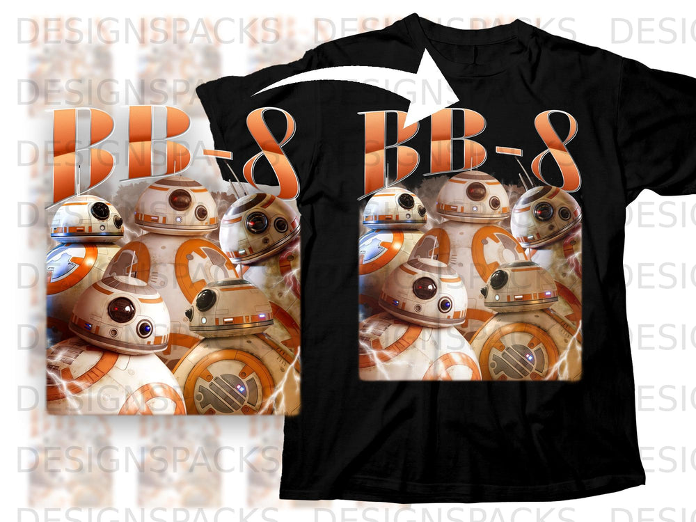 Black t-shirt featuring "BB-8" in large orange letters and multiple BB-8 droid illustrations.