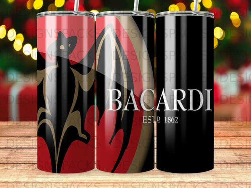 Bacardi logo on three red, black, and gold tumblers.