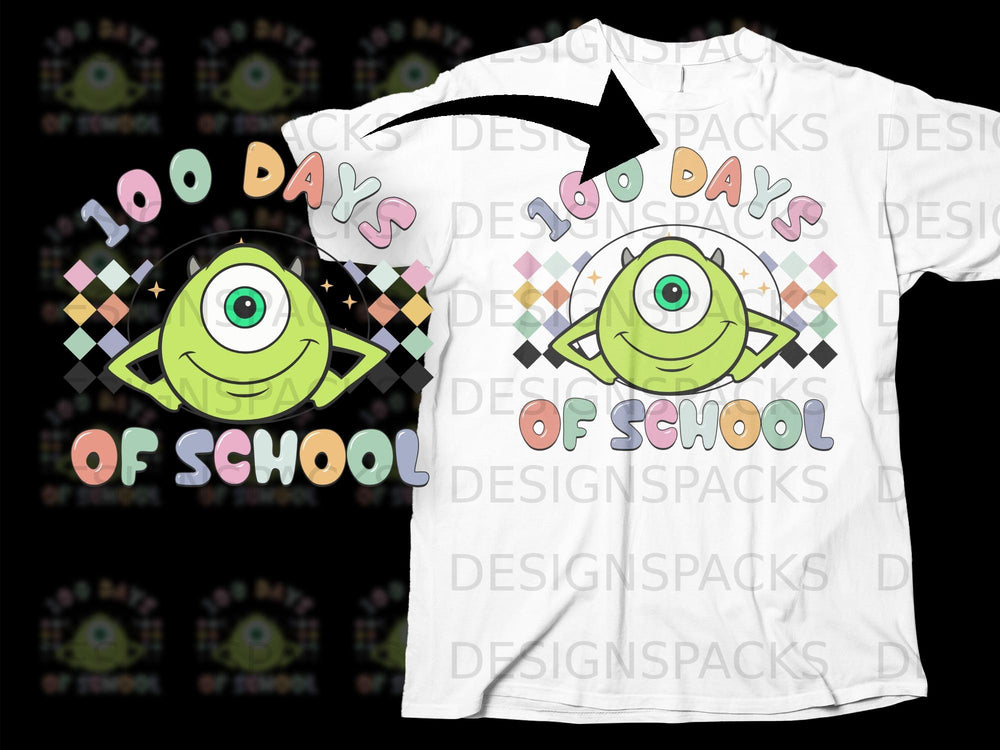 Green monster character celebrating "100 Days of School" with colorful text.