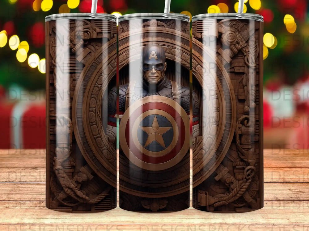 Captain America tumbler with wooden-textured shield and armor details.