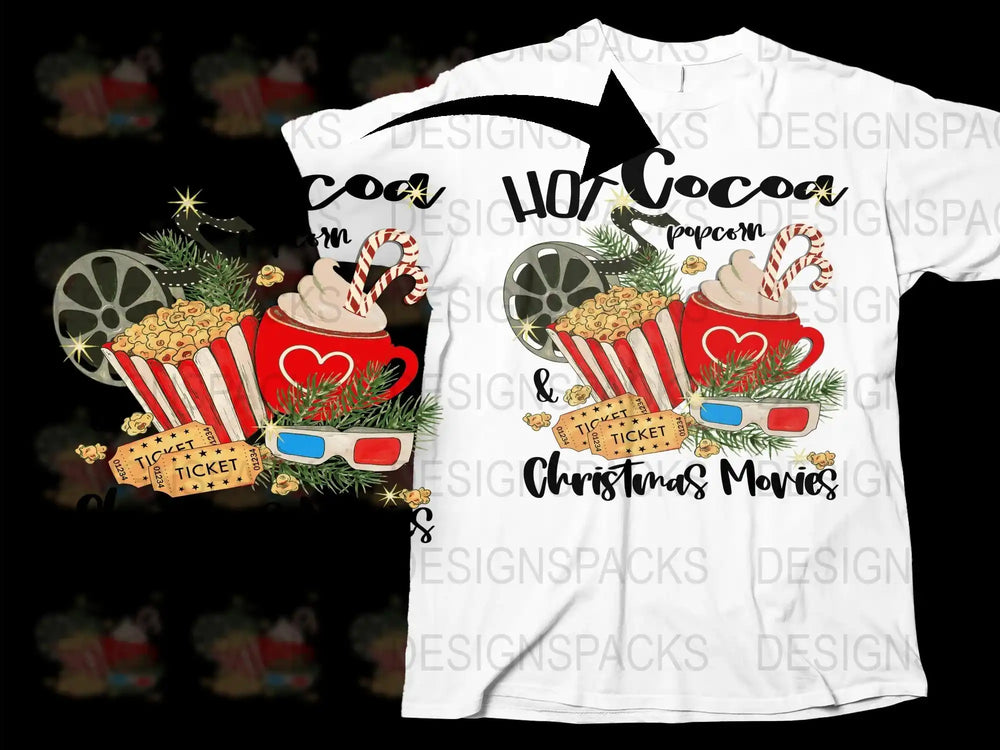 Christmas Movie Night T-Shirt, Hot Cocoa and Popcorn Graphic Tee, Festive Holiday Apparel, Unisex Winter Clothing