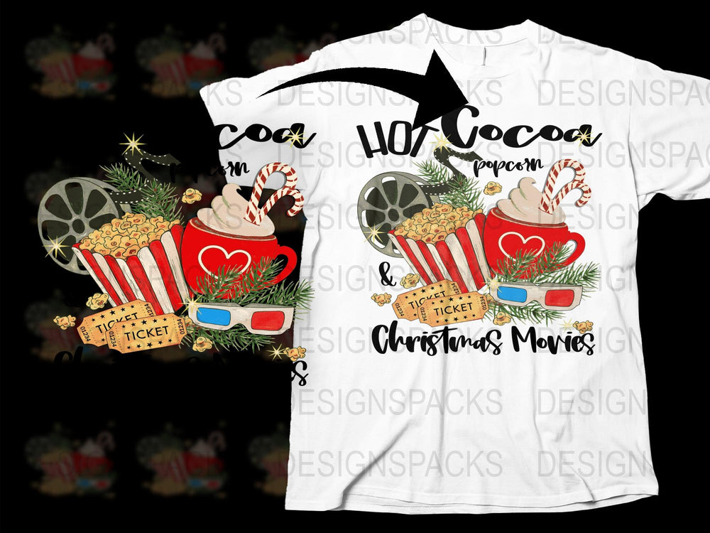 Christmas Movie Night T-Shirt, Hot Cocoa and Popcorn Graphic Tee, Festive Holiday Apparel, Unisex Winter Clothing