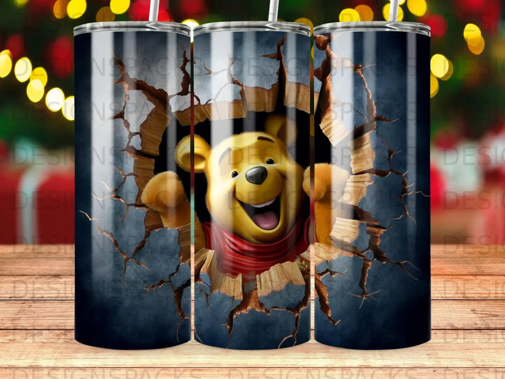 Winnie the Pooh peeks through a cracked wall, wearing a red shirt.