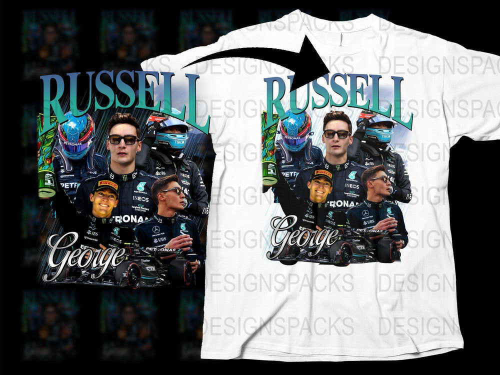 George Russell F1 Racing Graphic T-Shirt, Motorsport Fan Apparel, Full Print Sports Tee, Unisex Racing Clothing, High-Quality Fabric