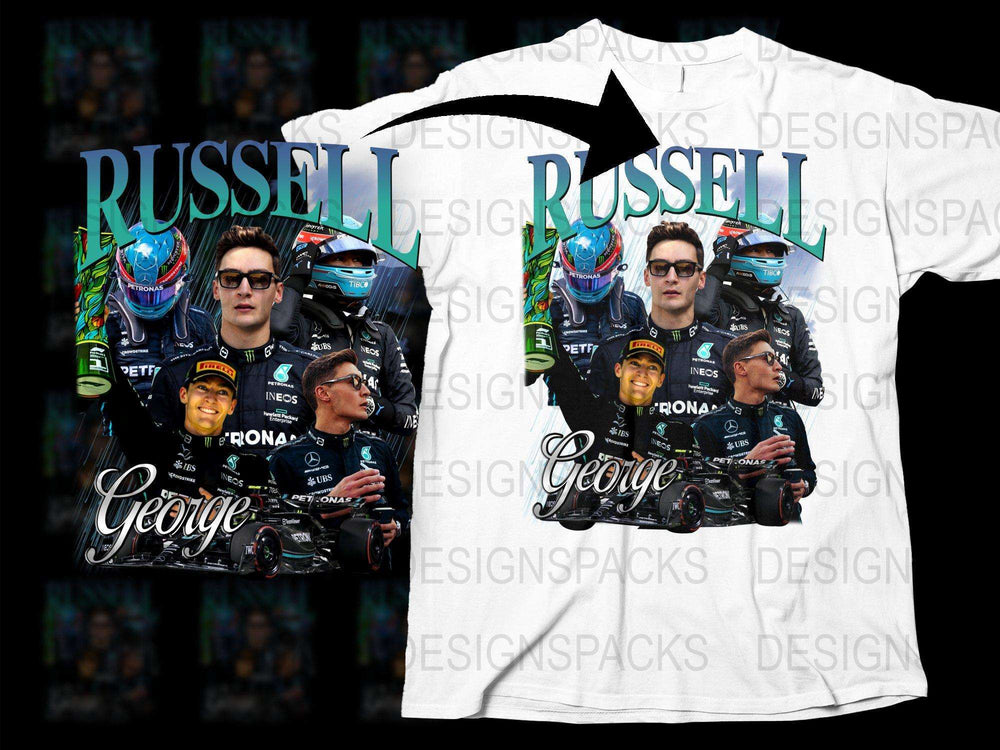 George Russell F1 Racing Graphic T-Shirt, Motorsport Fan Apparel, Full Print Sports Tee, Unisex Racing Clothing, High-Quality Fabric