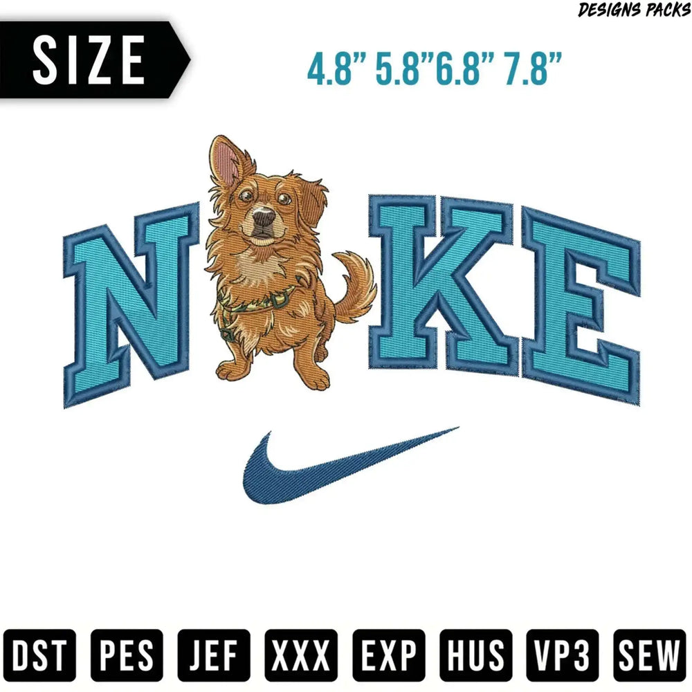 Chihuahua wearing Nike shirt under Nike logo and size options.