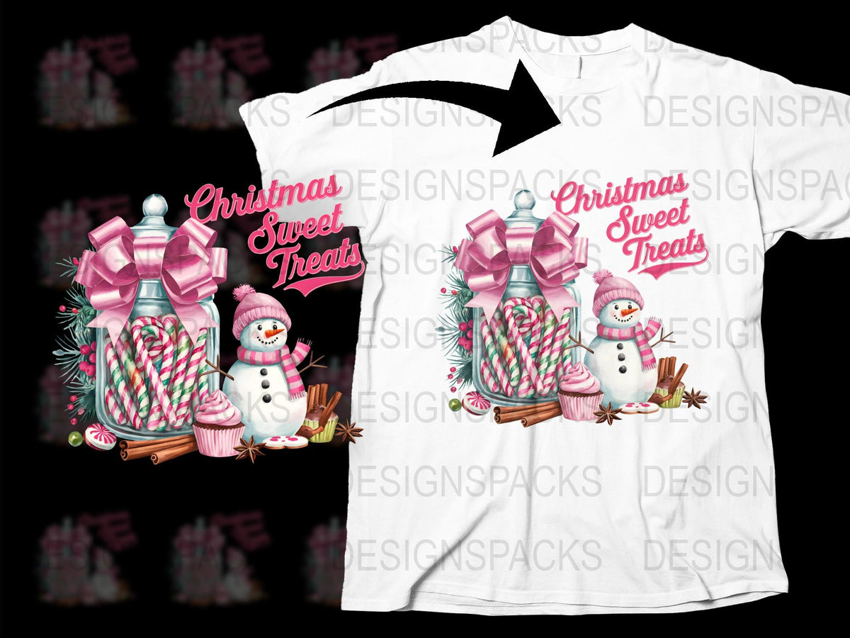 Christmas Sweet Treats T-Shirt, Festive Candy Cane Snowman Design, Holiday Apparel for All Ages