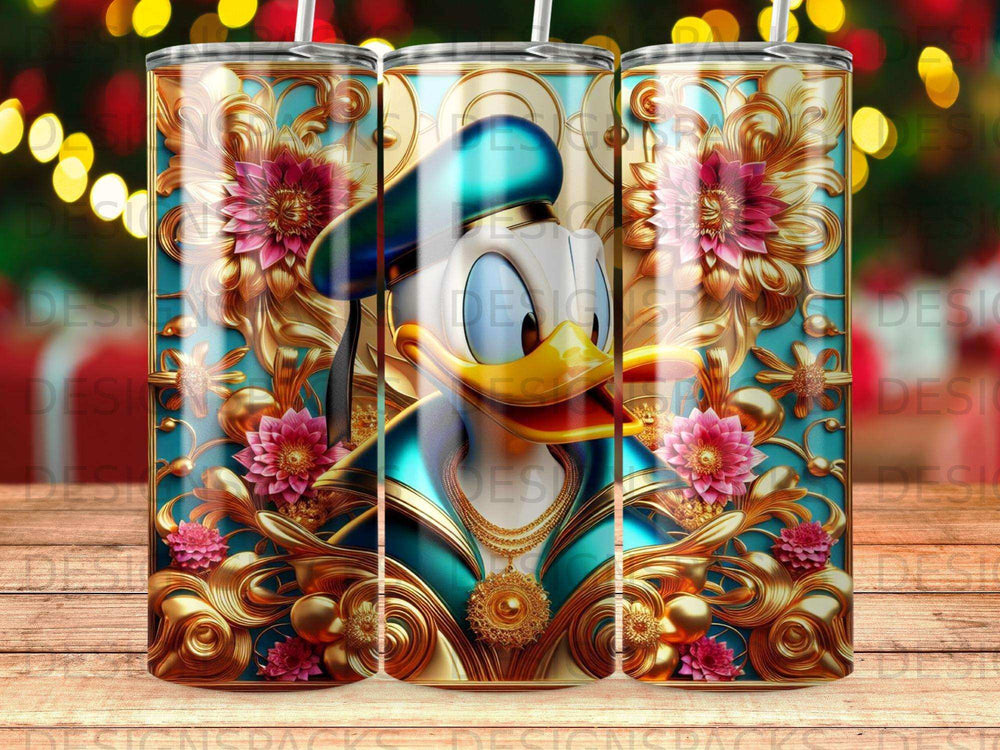 Donald Duck tumbler with ornate gold floral accents and blue background.