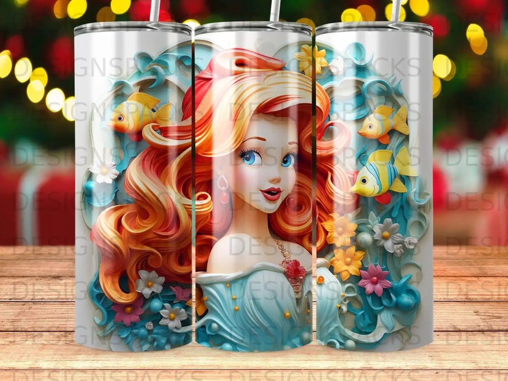 Ariel from The Little Mermaid surrounded by colorful flowers and fish.
