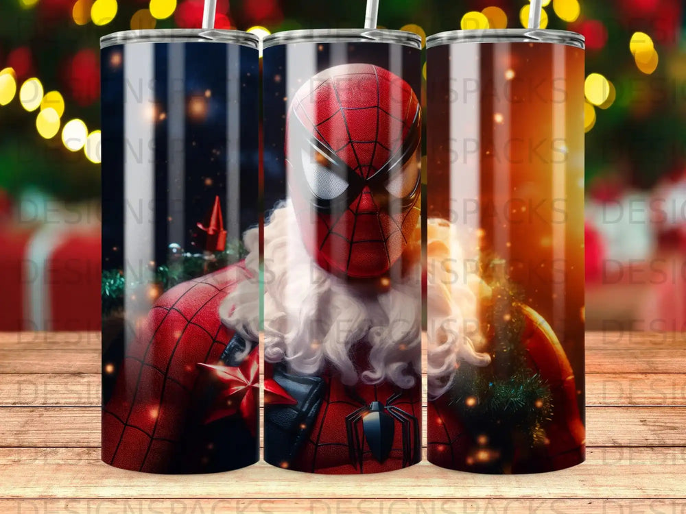 Spiderman in Santa Claus beard and hat, with Christmas lights.
