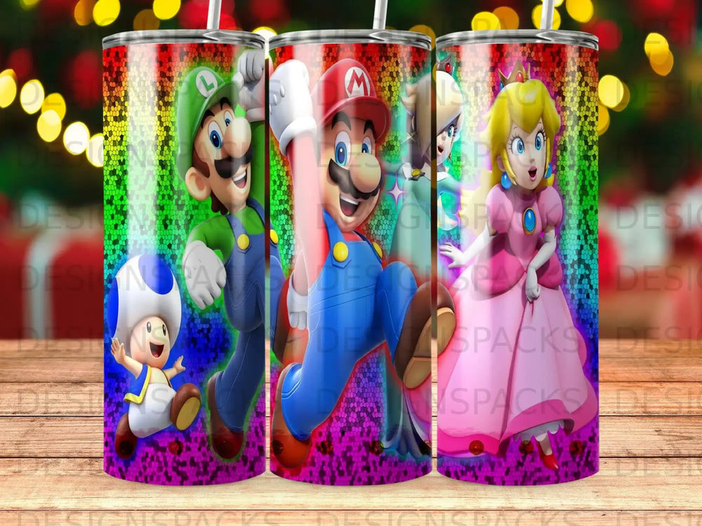 Mario, Luigi, Peach, and Toad characters on a colorful, sparkling tumbler.