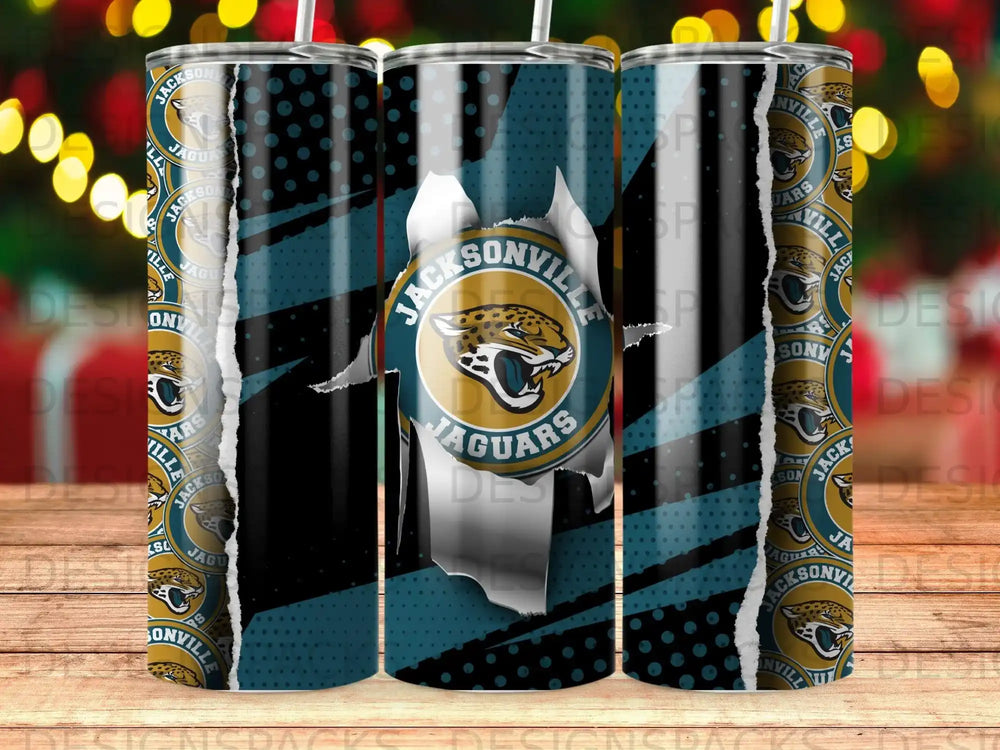 Jacksonville Jaguars logo on a ripped, textured black and teal tumbler.