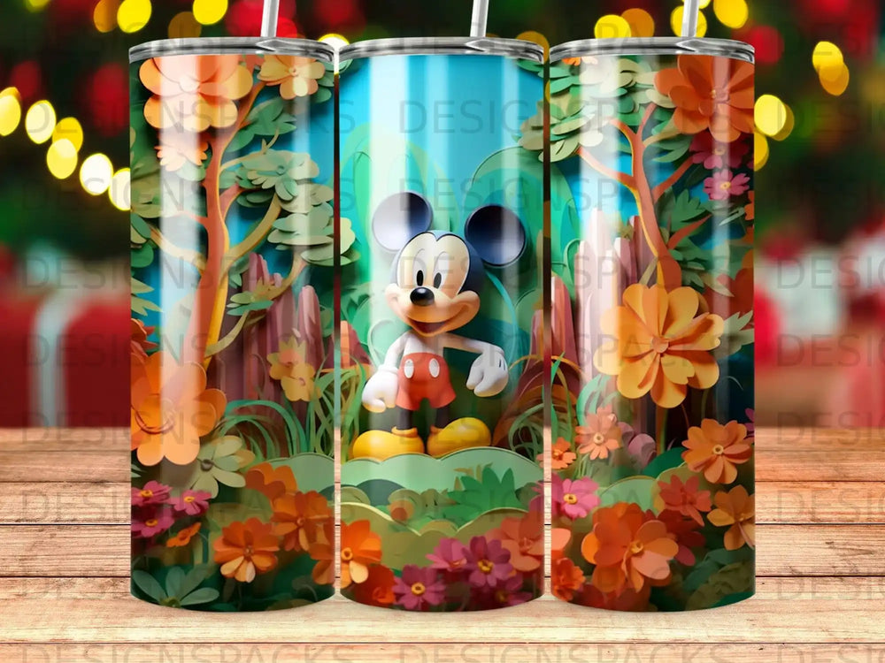 Mickey Mouse character in a colorful forest scene on a tumbler.