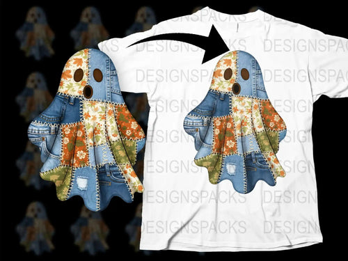 Boho Chic Floral and Denim Octopus Design T-Shirt, Unique Patchwork Style Graphic Tee, Casual Fashion Top for All Seasons