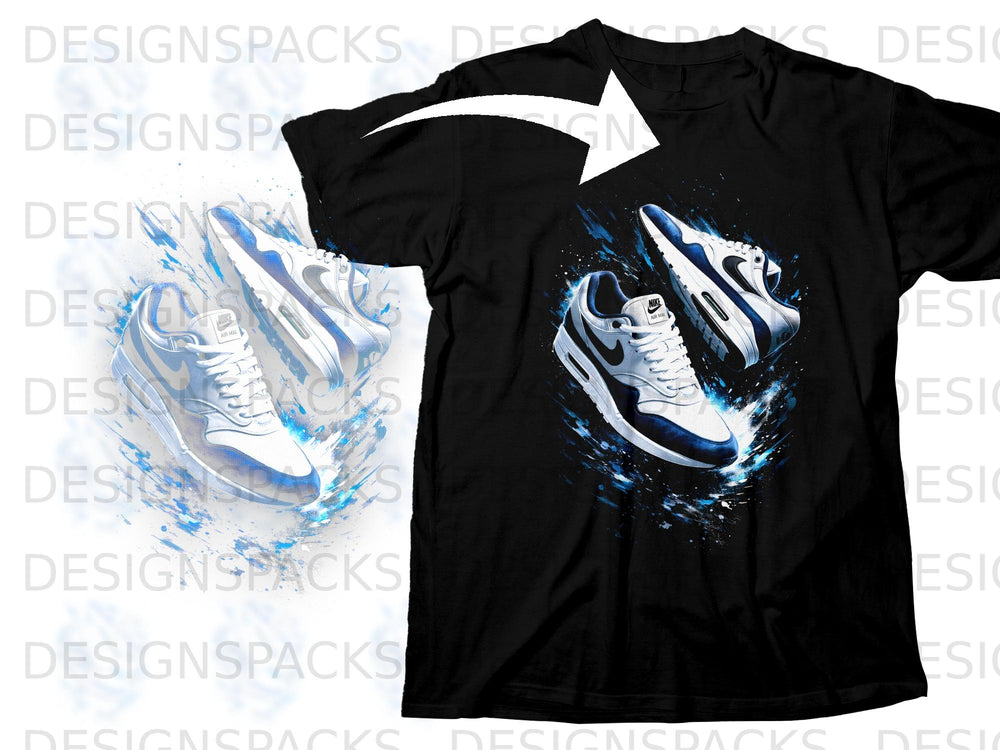 Black t-shirt featuring a graphic of two Nike Air Max sneakers with blue accents.