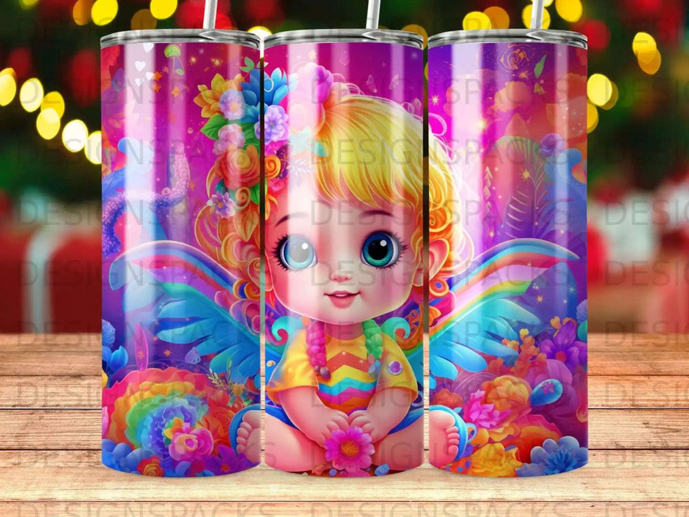 Cartoon fairy with rainbow wings and flowers, colorful and whimsical design.