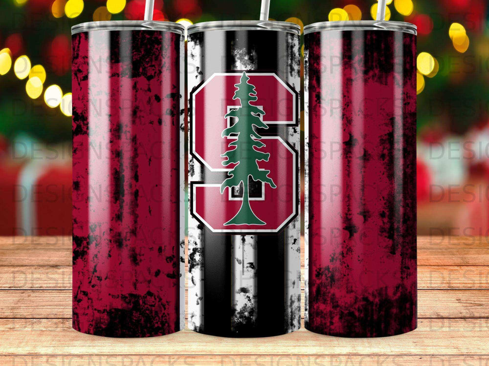 Stanford University Cardinal logo on a distressed black and white striped tumbler.