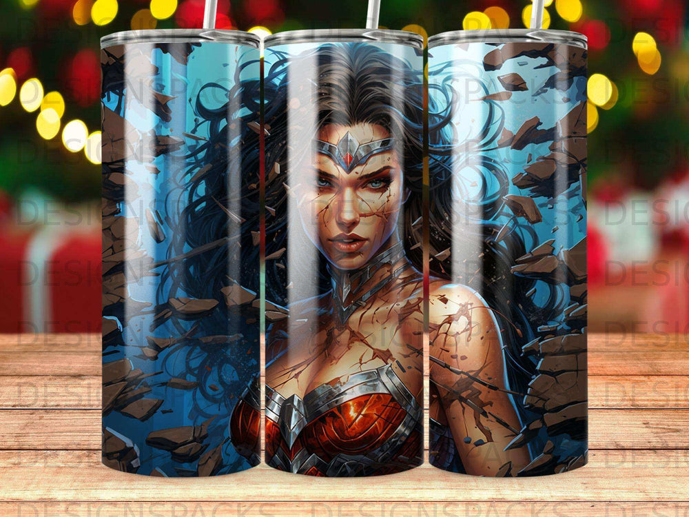 Wonder Woman artwork on a cylindrical tumbler with a bokeh background.