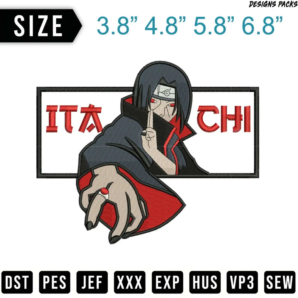 Itachi Uchiha from Naruto in embroidered design, available in multiple sizes.