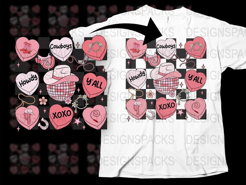 Cowboys Western Valentine Theme T-Shirt, Heart and Hat Design, Howdy Y'all XOXO, Casual Wear